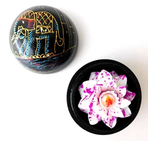 Elephant Box Scented Carved Soap Lotus Flower Hand Painted Floral Black Lacquer - Picture 1 of 11