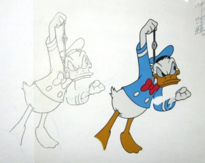 MICKEY MOUSE WATCH + DONALD DUCK WALT DISNEY ORIGINAL PRODUCTION CEL + DRAWING - Image 1 of 4