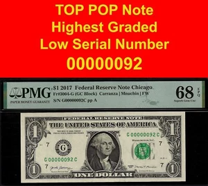 2017 $1 FRN Chicago PMG 68EPQ Top Pop GC Block birthday low serial number 000092 - Picture 1 of 4