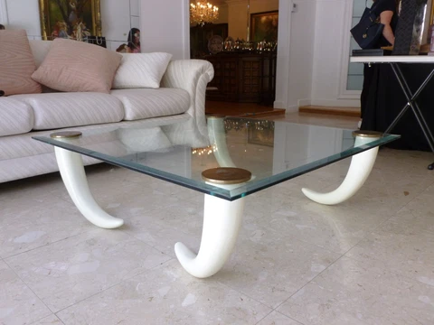 SMASHINGLY CHIC 1970'S GLASS COFFEE TABLE WITH FAUX TUSK LEGS AND BRASS CAPS - P Cover