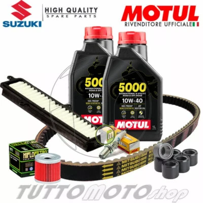 MOTUL - HIFLO - NGK - BANDO - MITSUBOSHI Tagliando SUZUKI Burgman 125 2007-2013 / Kit Olio Cinghia Rulli Filtri Candela