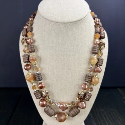 Винтажное японское ожерелье с двойным бисером из нескольких камней стекло дерево кристалл осень цвет 18 дюймов - Изображение 1 из 4