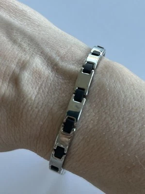 "Pulsera Milor Italia acero inoxidable goma negra 7"" color plata mujer elegante" Foto 1 de 4