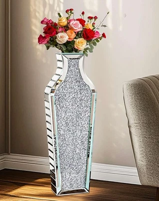 Diamond Silver Mirror Vase Geometric Bling Floor-Standing Luxury Home Decor - Image 1 of 4
