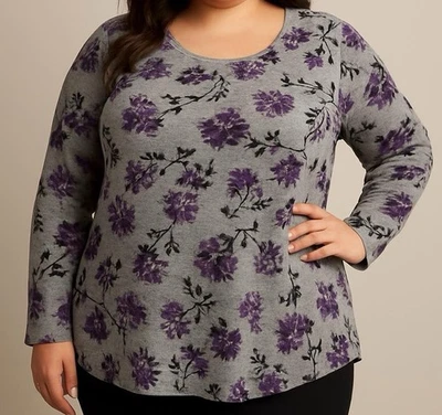 Camiseta Croft & Barrow Floral Manga Larga Cuello Redondo Gris Púrpura Talla 3X Nueva Sin Etiquetas Foto 1 de 4