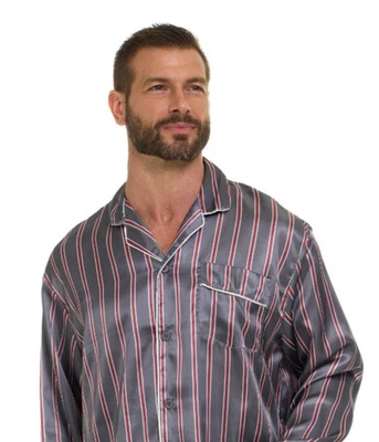 Mens Silk Satin Pajamas -PJ Set GREY STRIPE + ''5 DAY DELIVERY - USA Seller - Image 1 of 4