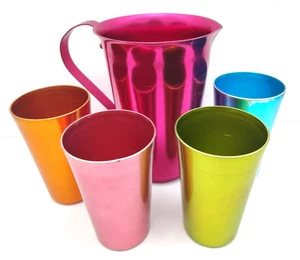 Vintage MCM Sunburst Made In Italy Anodized Aluminum Pink Pitcher w/4 Tumblers - Picture 1 of 17