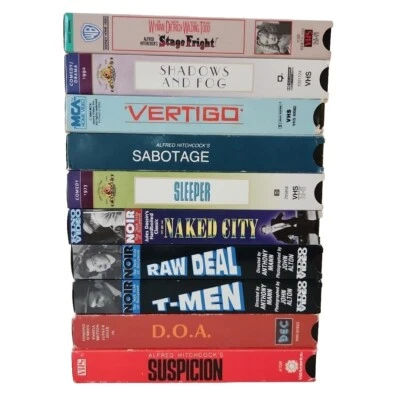 Hitchcock VHS Lot 10 B&W Sabotage Psycho Vertigo Suspicion Film Noir Woody Allen - Image 1 of 4