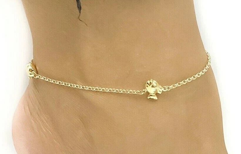 Tobillera ajustable de oro amarillo de 9"-10" con estrella inflada, pez y concha marina de lujo de oro 14k Foto 1 de 1