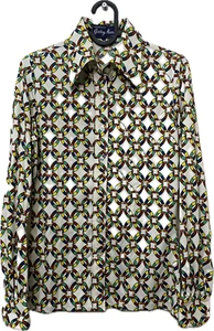 Jersey Masters blouse shirt green yellow geometric long sleeve 60s 70s size S - Picture 1 of 11