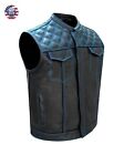 Men's Leather Vest Royal Blue Thread Diamond Cut Motorbike Motorcycle Waistcoat