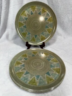Platos de cena geométricos Melmac Boonton NJ EE. UU. verde oliva verde azulado años 70 4 piezas Foto 1 de 4