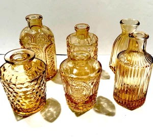 Set Of 6 Small Clear Amber Glass Bud Vases Oil/Lotion Bottles Mixed Shapes 3"-6" - Picture 1 of 18