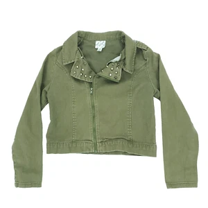 Disney D-Signed Jacket Girls Medium Army Green Studded Collar Full Zip Cropped - Picture 1 of 10
