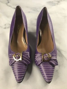 Salvatore Ferragamo Women's Purple Leather Bow Pumps Shoes sz 7 1/2- DEFECTS - Picture 1 of 6