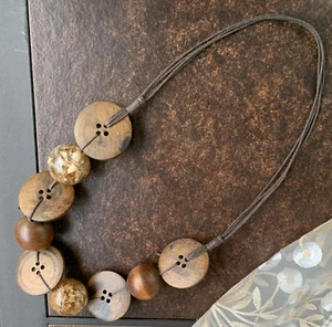 Vintage Necklace Primitive Country BIG Buttons Wood BALLS Handmade 28" slip on - Picture 1 of 12