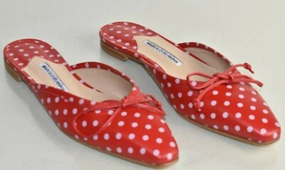 Nuevo Manolo Blahnik Bailerimu Cuero Arco Mula Lunares Zapatos Planos Rojo 40.5 41.5 Foto 1 de 4