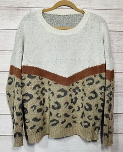 Easel Cheetah Crewneck Sweater Woman’s Size Large Pullover Ivory Animal Print - Picture 1 of 6