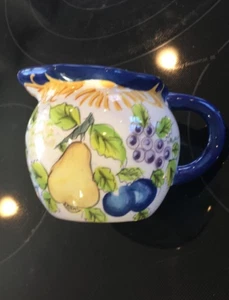 Pottery 3 1/2" Creamer Pitcher BLUE trim fruit Country Farm Kitchen VTG Decor - Picture 1 of 3