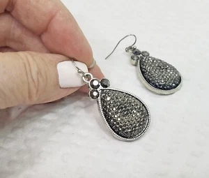 New! Silver Tone & Marcasite Glitter Teardrop Dangle Earrings For Pierced Ears - Picture 1 of 6