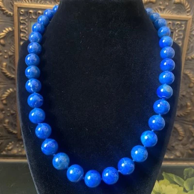 Southwestern Blue Lapis Beaded Necklace 20" Sterling Silver Hand-Knoted QVC 12mm - Image 1 of 4