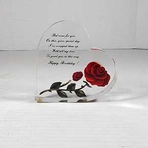 Bircraft Lucite Red Rose Heart Birthday Message Paperweight MCM Handcraved Color - Picture 1 of 6