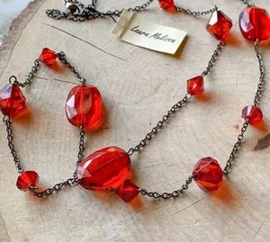 Laura Melissa Red Crystal Gemstone Cut Bead Black Chain Long Necklace Minimal - Picture 1 of 3