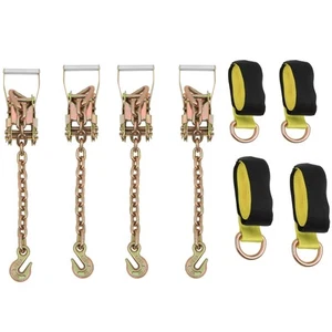 Auto Hauler Car Flatbed Tie Down Lasso Wheel Ratchet Straps (4 Pk) w/ Chain - Picture 1 of 6