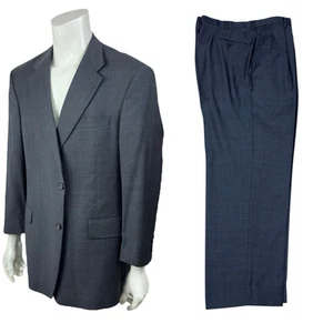 Hart Schaffner Marx Wool Suit 46R Charcoal W/Blue Windowpane Pleated Pants 44x30 - Picture 1 of 19
