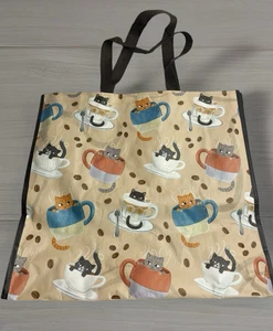 NEW Reusable Shopping Bag Cats & Kittens Coffee Cups Bag 19"x17" NEW - Picture 1 of 7