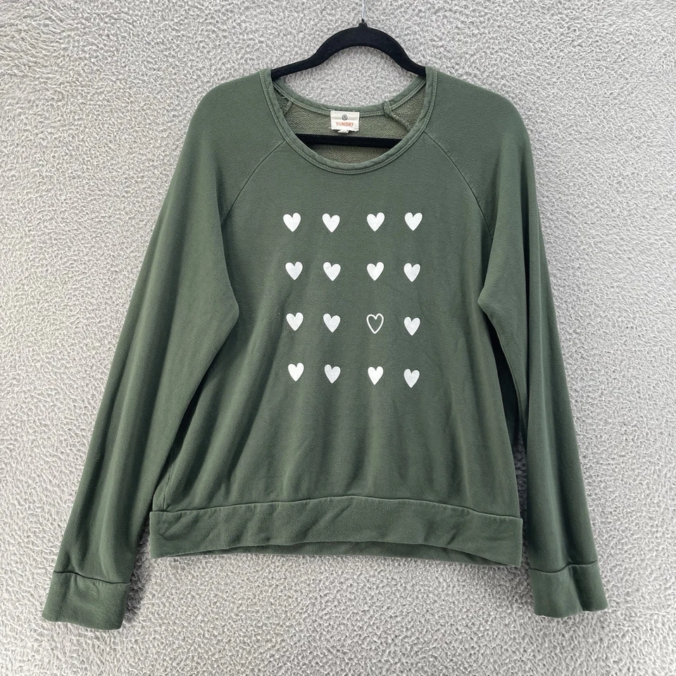 Sundry Sweatshirt Women 2 Forest Green Multi Heart Print French Terry Comfort - Image 1 of 4
