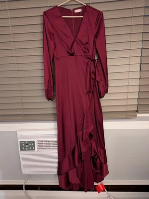 Altar'd State Satin Wine Red/Maroon high-low maxi dress Brand New. Size Medium - Image 1 of 4