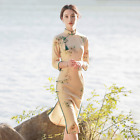 Women Collar 3/4 Sleeve Tasseled Chinese Midi Dress Side Slit Mandarin Cheongsam