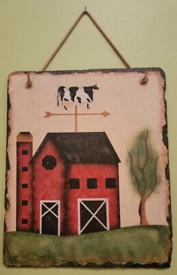 Arte de parede pintada de ardósia fazenda campo leite laticínios holandês vaca celeiro vermelho - 10"x12" - Imagem 1 de 4
