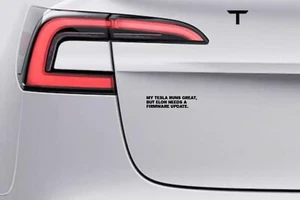 Adesivo Sticker Auto Tesla 10cm x 2.5cm "Tesla funziona benissimo, Elon ha bisogno di aggiornamento" - Foto 1 di 1