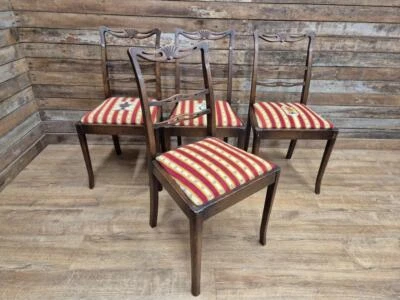 Four Vintage Ladder Back Wool Needlepoint Dining Chairs Pop Out Seat Pads - Image 1 of 4