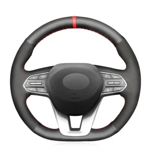 Black Suede Leather Hand-stitched Car Steering Wheel Cover for Hyundai Santa Fe - Picture 1 of 15