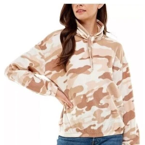 Derek Heart Juniors' Drawstring Cowl Neck Fleece Pullover Shirt Neutral Camo XL - Picture 1 of 5