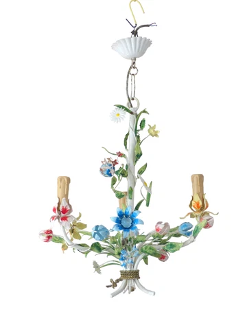 Charming Florentine Chandelier Ceiling Painted Metal Tole Flowers 70's Italian Cover