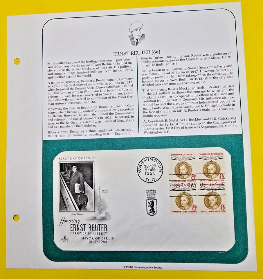 1959 FDC, Honoring Ernst Reuter Champion of Liberty Art Craft 8c Mayor Of Berlin - Image 1 of 3