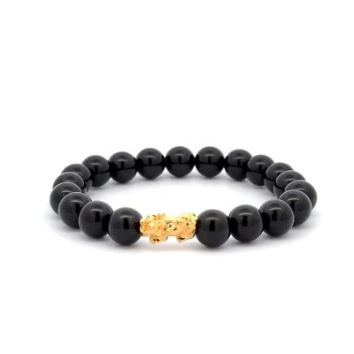 18K Gold Dragon Pixiu Piyao Lucky Charm Bracelet Gemstones Onyx 8mm - Image 1 of 4
