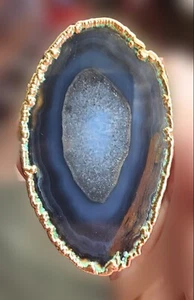 Vintage Geode Slab Agate Stone Belt Buckle Gold Trim Accent - Picture 1 of 3