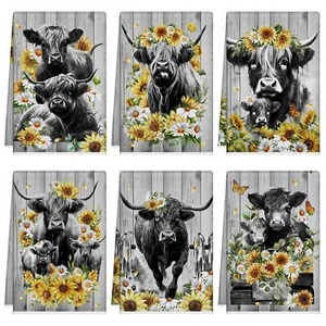 6 Pcs Kitchen Towels Themed Dish Towels Cow Seasonal Cute Highland Cow - Picture 1 of 7