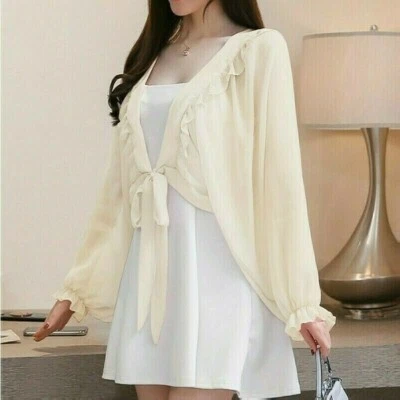 Women Ruffles Cardigan Cape Jacket Shrug Bolero Capelet Chiffon Puff Sleeve - Image 1 of 4