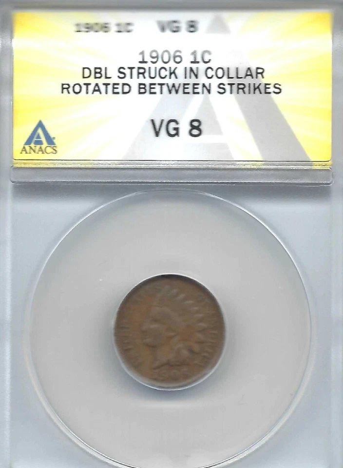1906 Philadelphia Indian Cent ANACS Authenticated VG 8 DBL Struck Rotated Strike - Image 1 of 4