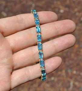 14k Solid Gold Natural Topaz Diamond Tennis Bracelet Emerald Rectangle Sz 7 1/8" - Picture 1 of 12