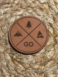 Go Outdoors Hiking Camping PATCH RARE Sew On 2” Leather Trucker Hat Mountains - Picture 1 of 3