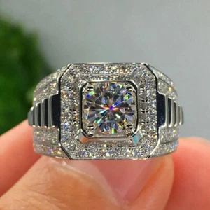 3Ct Round Lab Created Diamond Men's Wedding Solitaire Ring 14K White Gold Plated - Picture 1 of 5