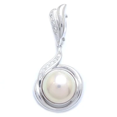TASAKI 14K Oro Blanco Colgante Top Charm Mabe Perla Diamante 0.10ct / 291780 - Imagen 1 de 4