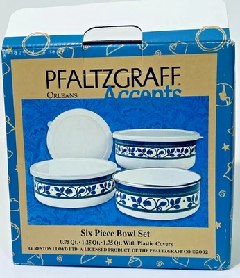 NEW Pfaltzgraff Orleans 6Pc Covered Bowl Set 04467 Porcelain On Steel 2002 Boxed - Image 1 of 4